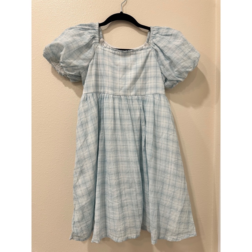Abercrombie Kids Light Blue Plaid Puff Sleeve Babydoll Dress Girls Size 13/14